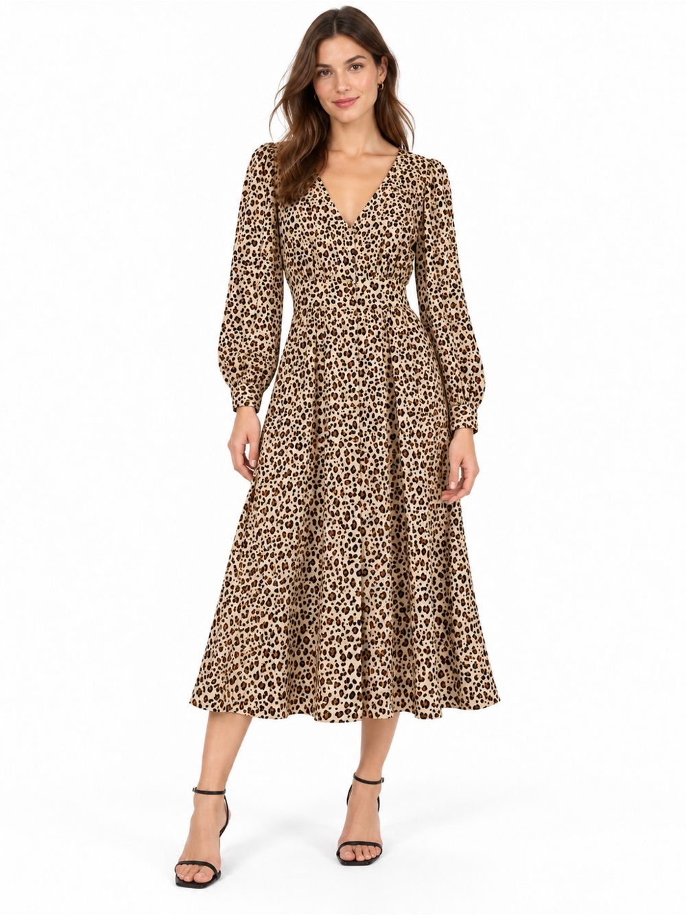 J. Crew Beige and Black Leopard Print V-Neck Midi Dress